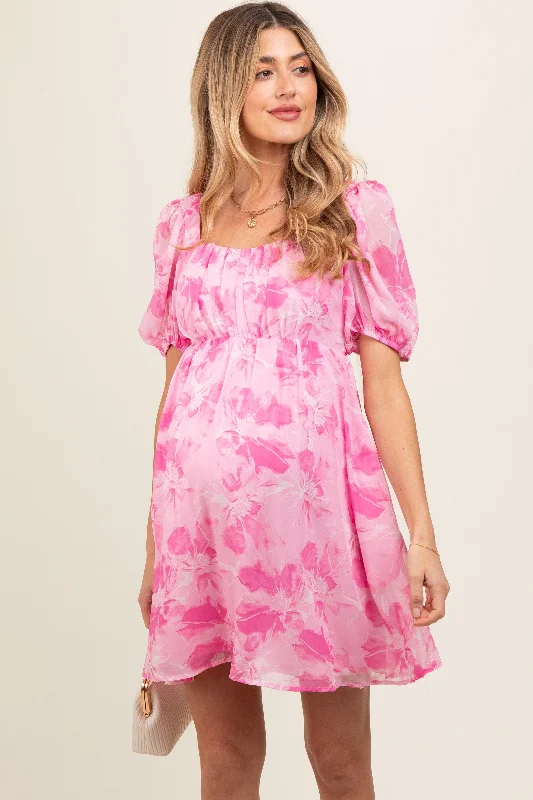 Pink Floral Puff Sleeve Maternity Mini Dress