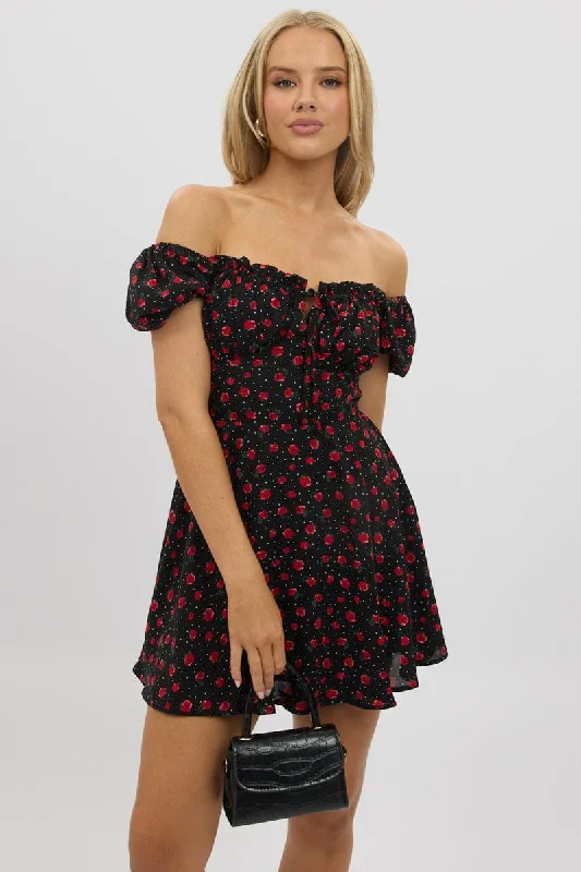 Black Ditsy Fit And Flare Dress Mini