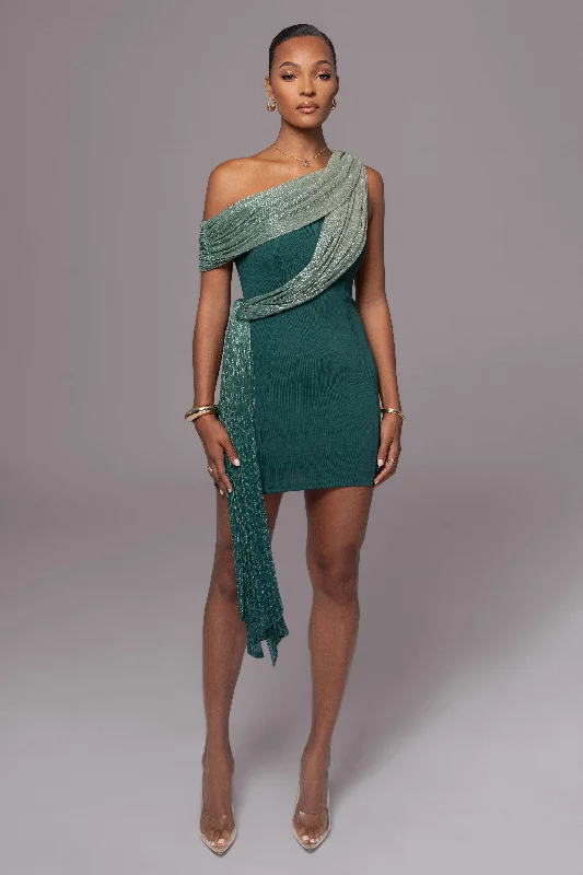 Green Asymmetric Drape Mini Dress