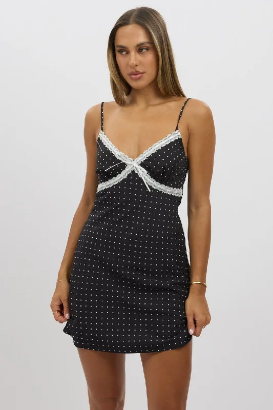 Black Polka Dot Mini Dress V-Neck Strappy