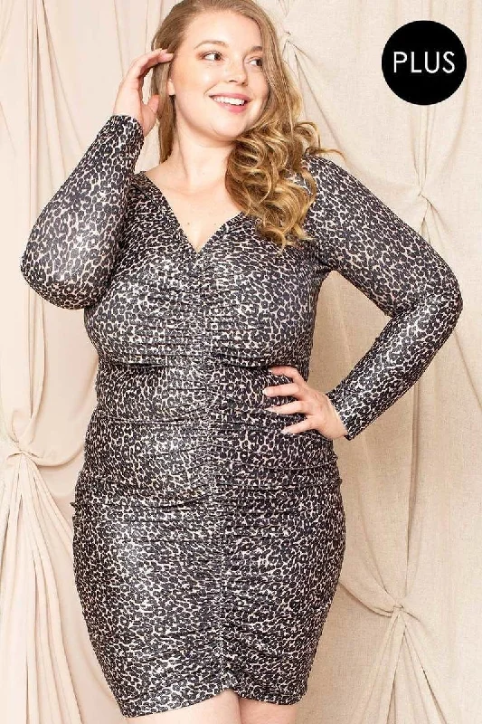 Leopard Print Shirring Plus Size Mini Dress