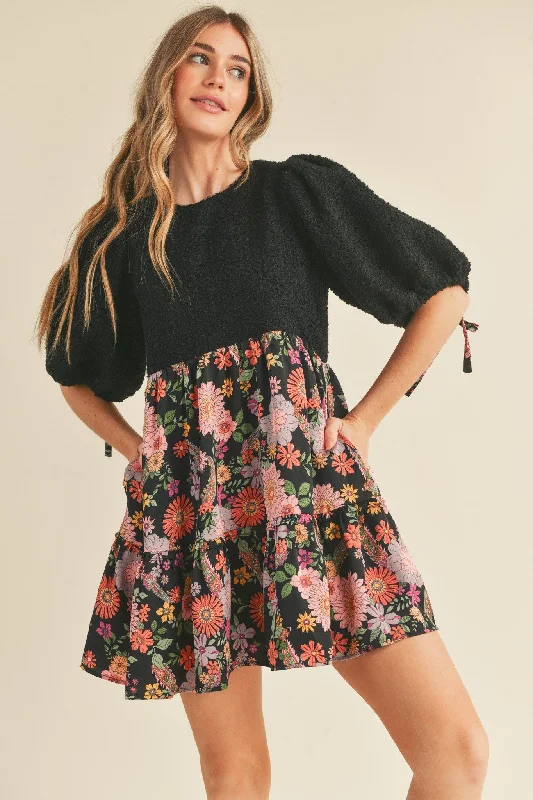 Black Multi Floral Boucle Mini Dress