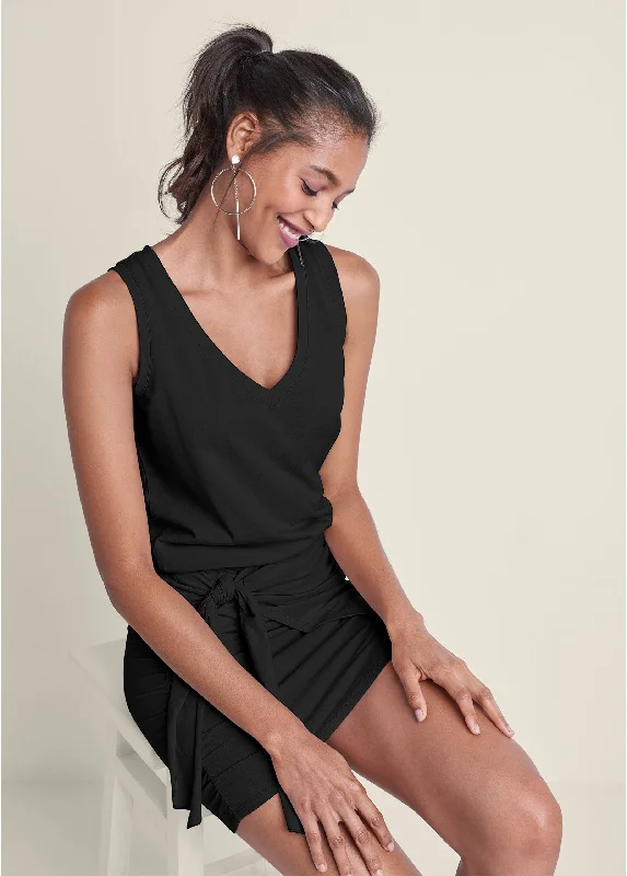 V-Neck Side Wrap Mini Dress - Black