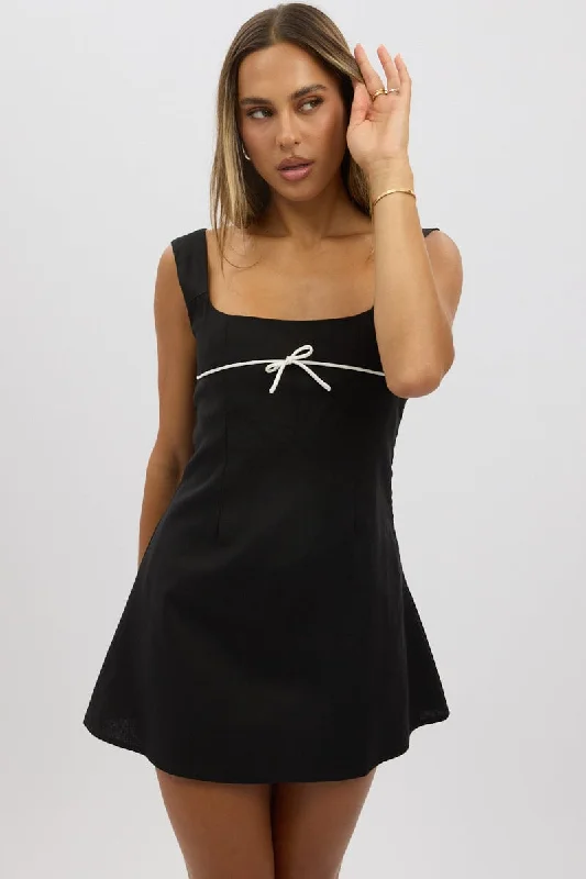 Black Mini Dress Square Neck Mini Ribbon Detail