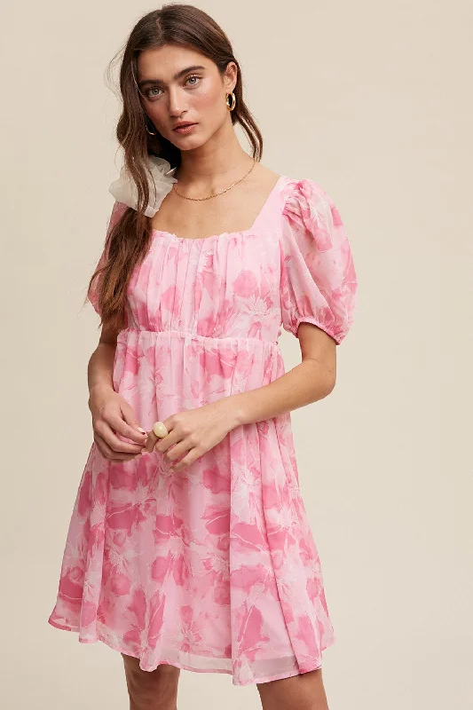 Pink Floral Puff Sleeve Mini Dress