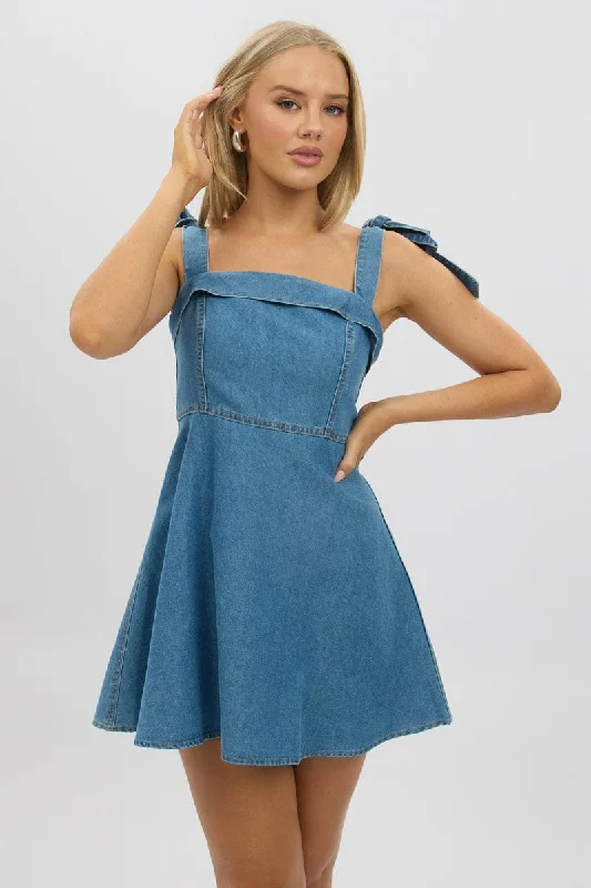 Blue Fit And Flare Dress Mini