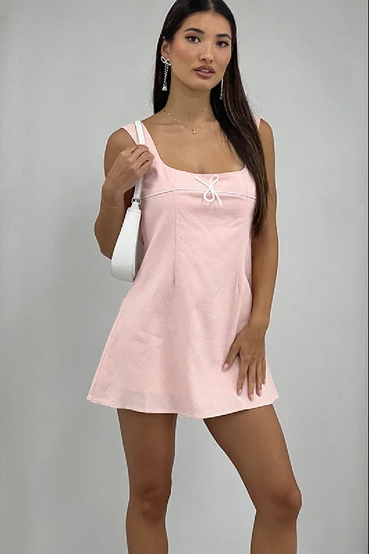 Pink Mini Dress Square Neck Mini Ribbon Detail