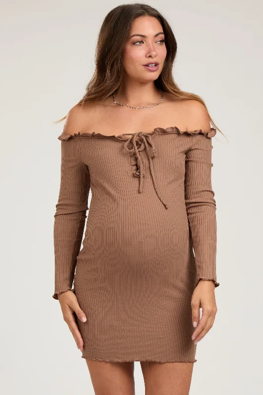 Brown Ruffle Off Shoulder Maternity Fitted Mini Dress