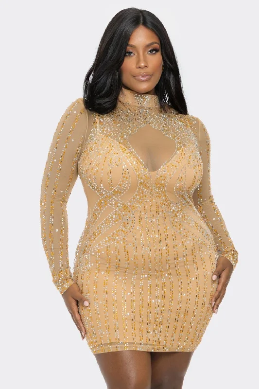 Ms Pretty Tan Rhinestone Embellished Bodycon Mini Dress