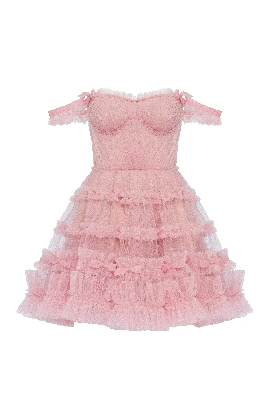 Flirty ruffled tulle mini dress in misty rose, Glow-Up