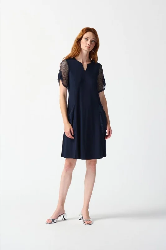 Joseph Ribkoff Midnight Blue Mesh Short Sleeves A-Line Dress 242218