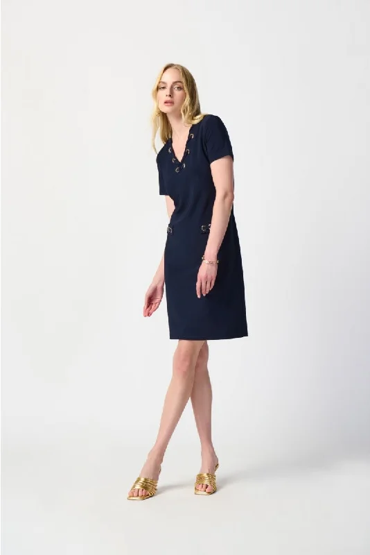 Joseph Ribkoff Midnight Blue Eyelet Details Short Sleeves Shift Dress 241012