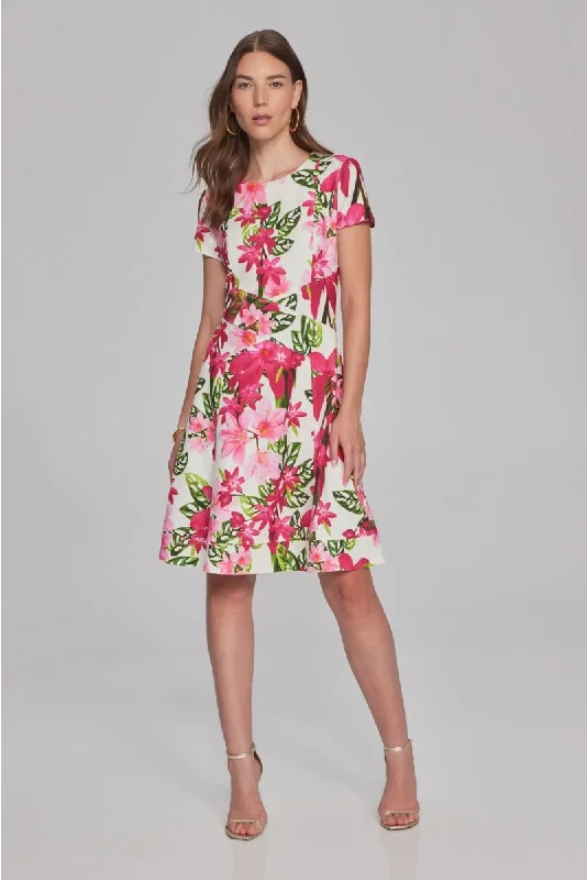 Joseph Ribkoff Vanilla/Multi Floral Print Short Sleeve Fit and Flare Dress 241789