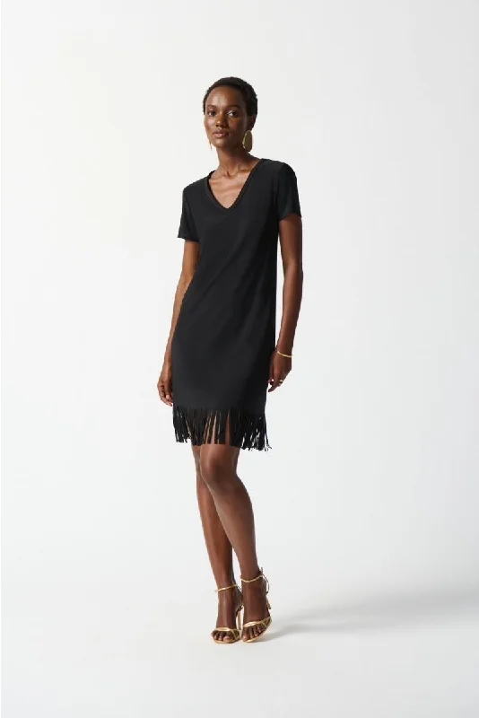 Joseph Ribkoff Black Fringe Hem V-Neck Short Sleeve T-Shirt Dress 242113