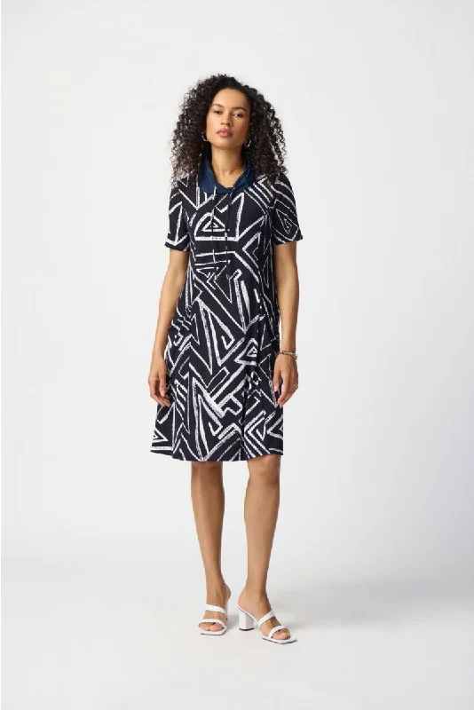 Joseph Ribkoff Midnight Blue/Vanilla Geometric Print Short Sleeve A-Line Dress 241028