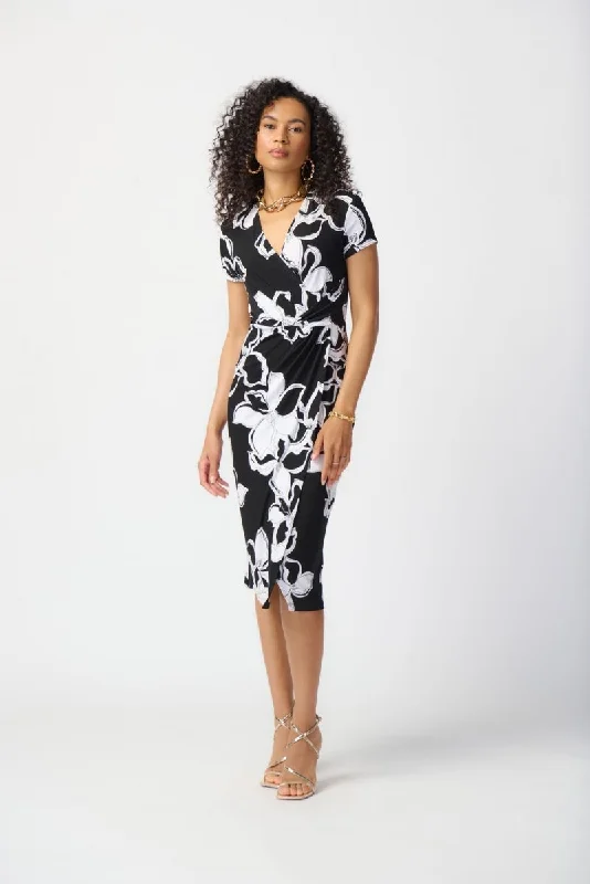 Joseph Ribkoff Black/Vanilla Floral Print Short Sleeve Faux Wrap Sheath Dress 241050