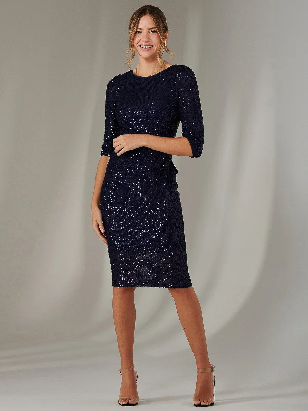 3/4 Sleeve Sequin Stretch Shift Dress, Navy