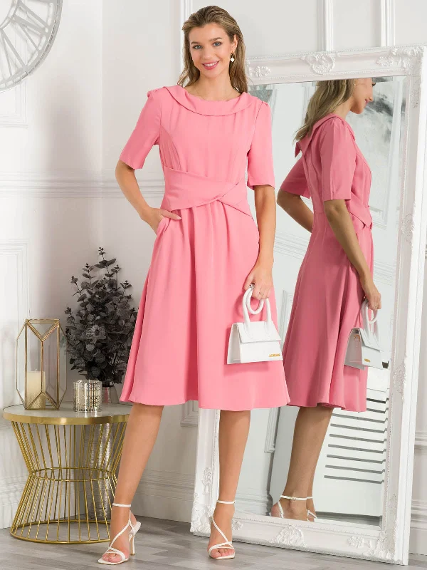 Beckie Fold Over Detail Flared Dress, Coral Pink