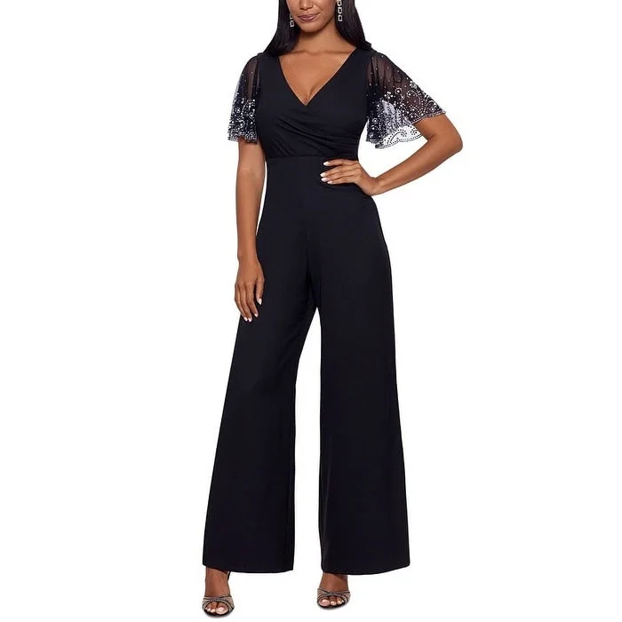 Betsy & Adam Women's Sequined Sleeve Wide Leg Jumpsuit Black Size 8