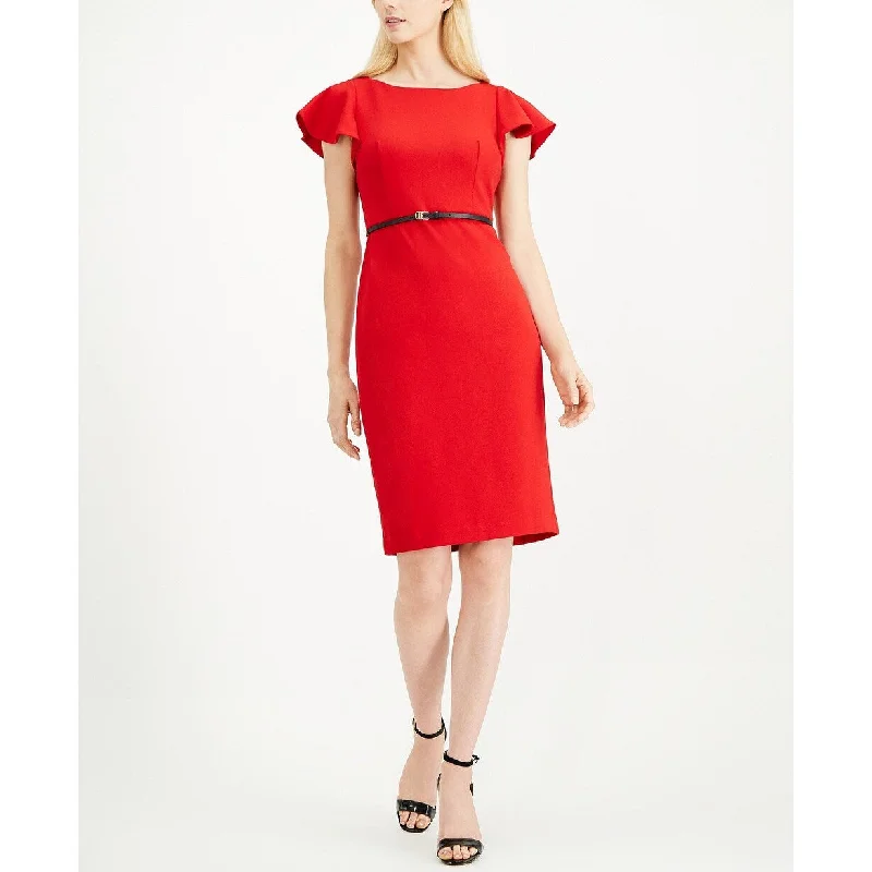 Calvin Klein Women's Belted Ruffle-Sleeve Sheath Dress Medium Red Size 2