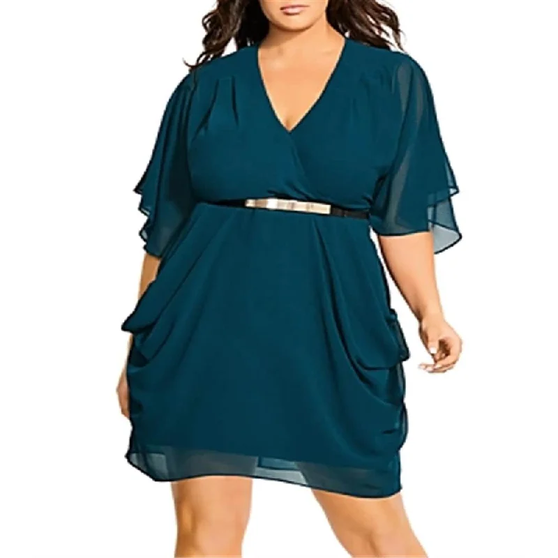 City Chic Women's Surplice Flutter Sleeve Wrap Dress Green Size XS