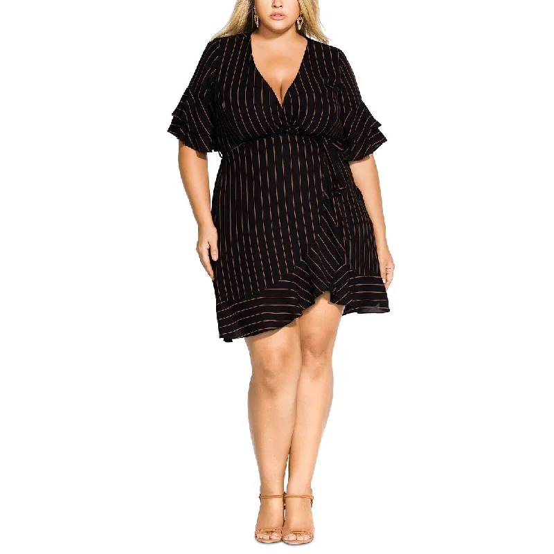 City Chic Women's Trendy Plus Size Striped Faux-Wrap Dress Black Size Small Petite - Small-Petite