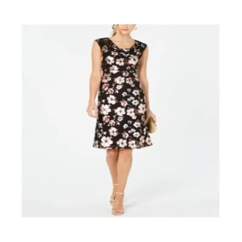 Connected Women's Draped Neckline Floral Print Dress Black Size 8P