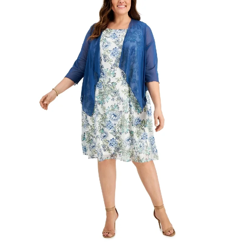 Connected Women's Printed Dress And Mesh Jacket Blue Size 22W