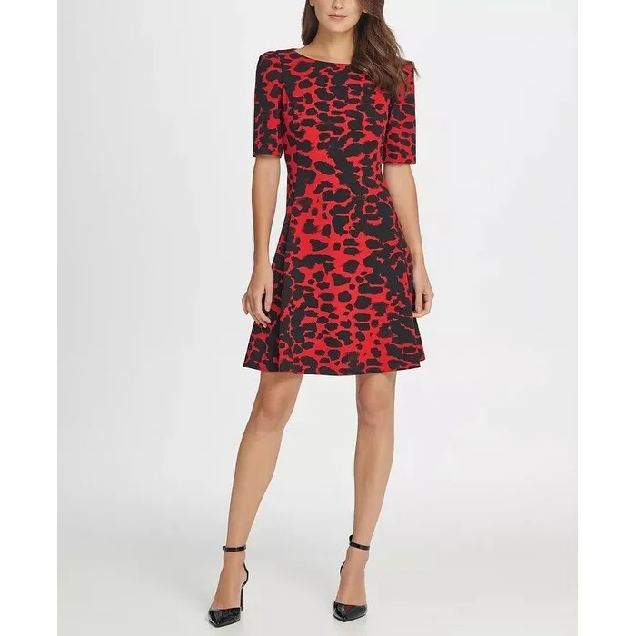 DKNY Women's Animal Print 3/4 Sleeve A-Line Dress Lt/Pas Red Size 4