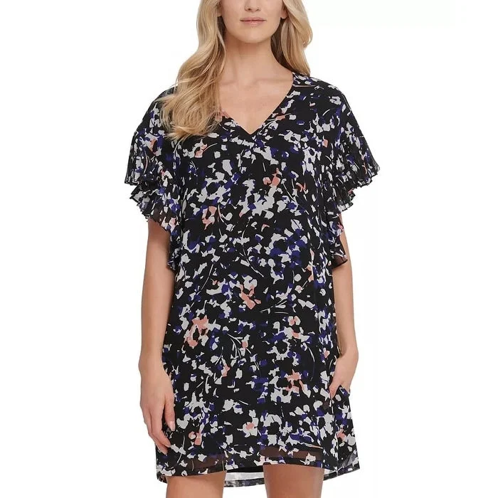 DKNY Women's Printed Ruffle-Sleeve Dress Black- Size Large