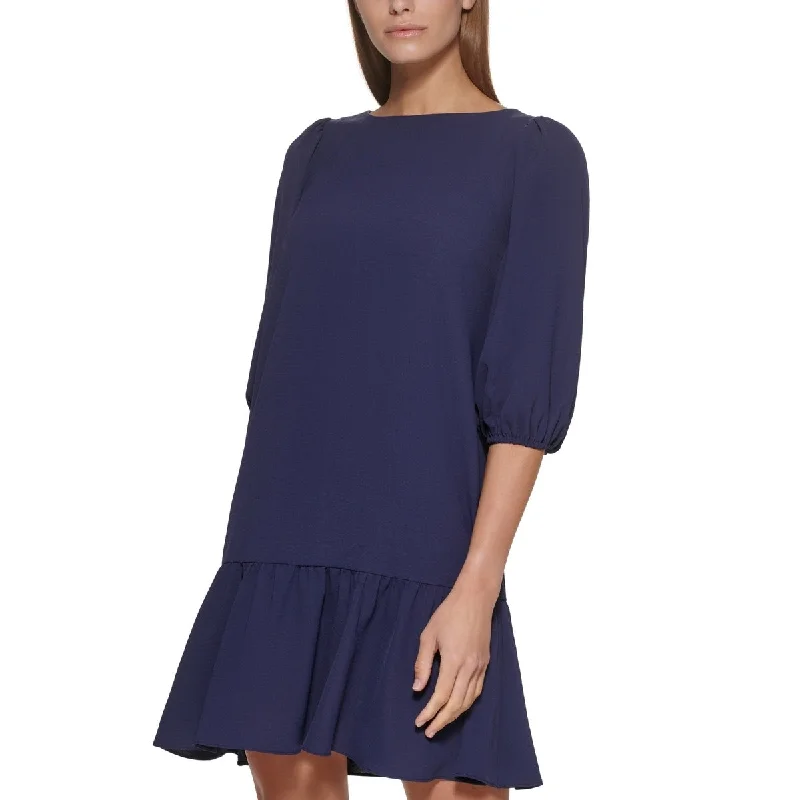 DKNY Women's Ruffled Hem Elbow Sleeve Dress Blue Size 6