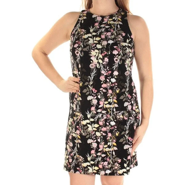 INC International Concepts Womens Black Floral Jewel Neck Sleeveless Shift Dress, Black, Size M