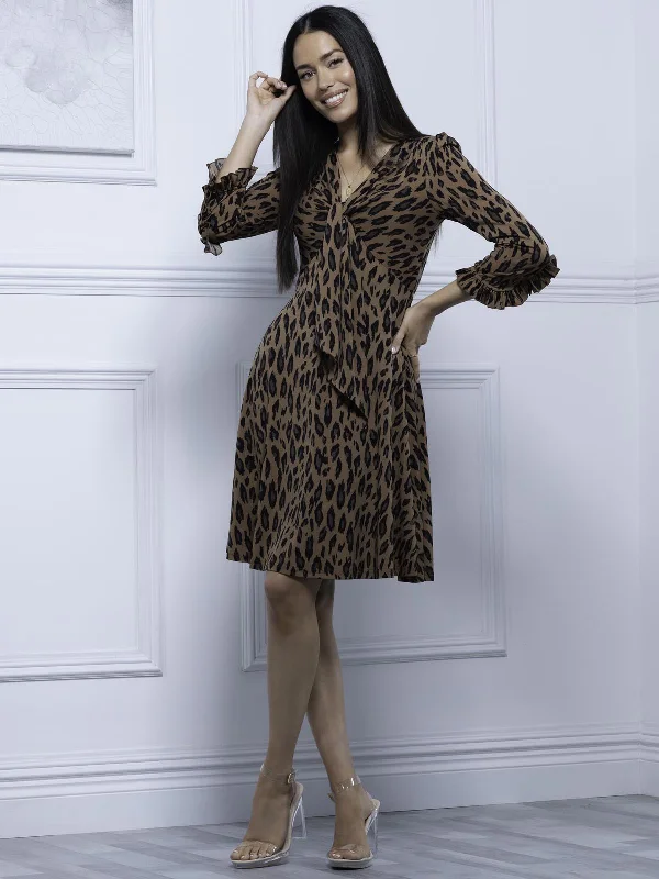 Leopard Ruffle Cuff Jersey Dress, Camel