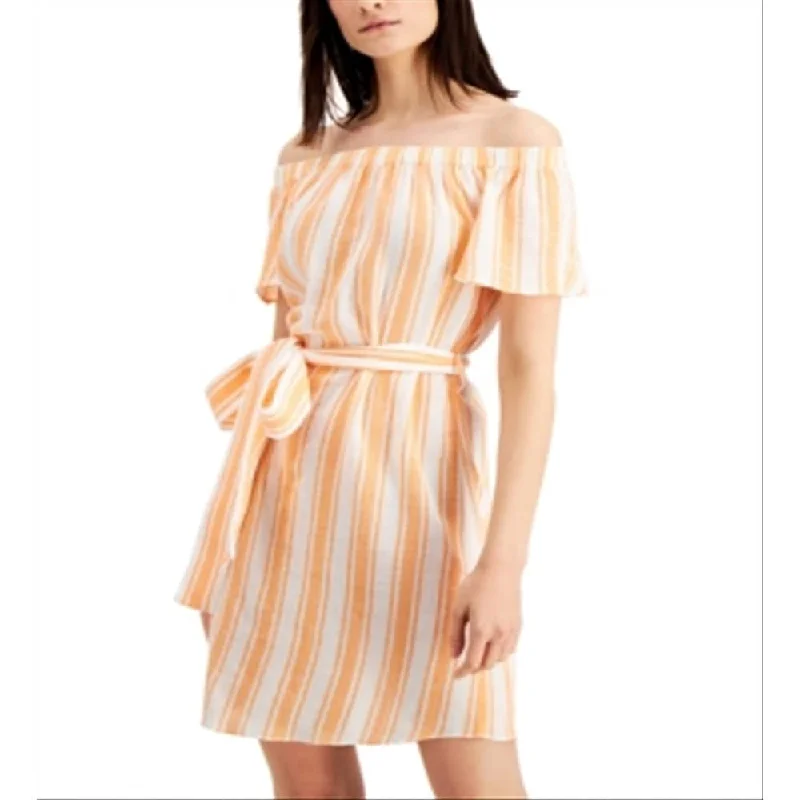 Michael Kors Women's Striped Off The Shoulder Cotton Dress Orange Size Large