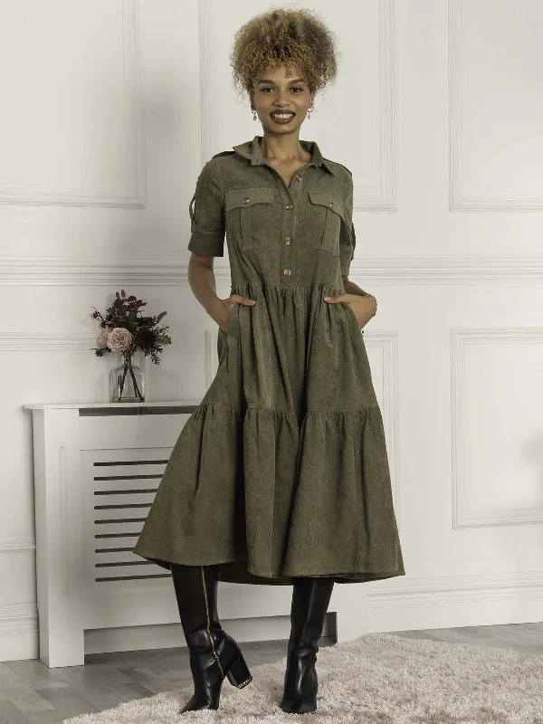 Jolie Moi Military Tiered Shirt Dress, Soldier Green