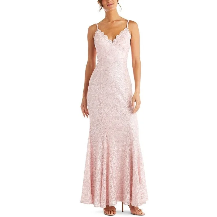 Morgan & Company Women's Lace Floral Spaghetti Strap V Neck Full Length Formal Sheath Dress Pink Size 9