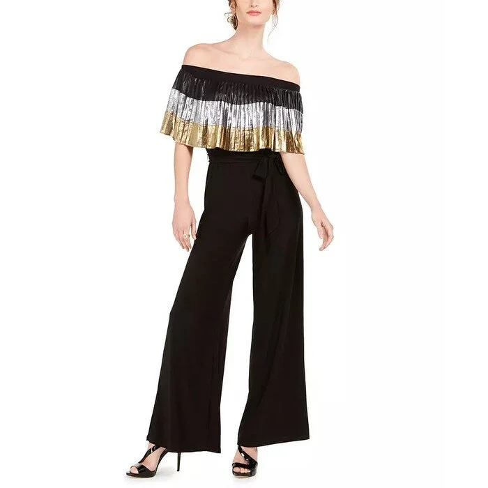 MSK Off-The-Shoulder Pleated Metallic Popover Jumpsuit Black Size X-Large