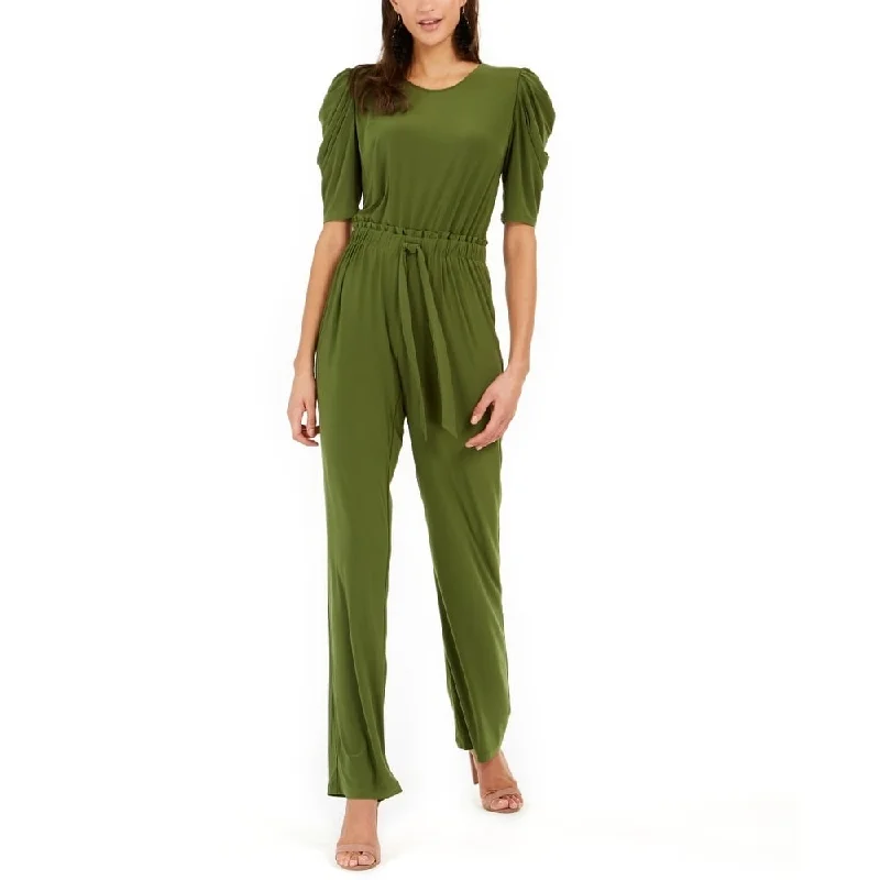 NY Collection Women's Tie Front Puff Sleeve Jumpsuit Green Size Petite Medium