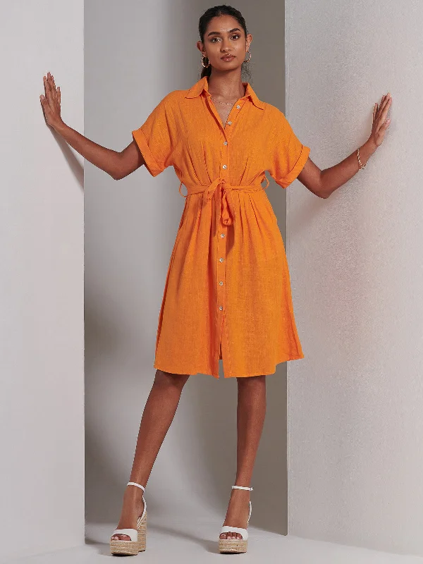 Olivea Linen Drop Shoulder Shirt Dress, Orange