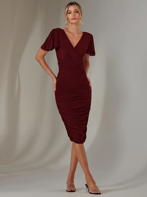 Plain Angel Sleeve Ruched Bodycon Dress, Burgundy