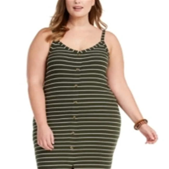 Planet Gold Women's Slitted Striped Spaghetti Strap Scoop Neck Tea Length Sheath Dress Green Size 2X