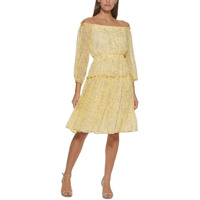 Tommy Hilfiger Women's Eloise Ditsy Print Off The Shoulder Dress Yellow Size 8