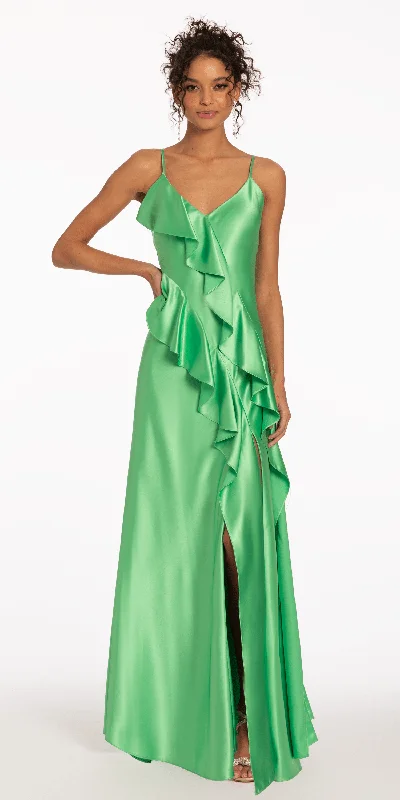 Satin Ruffle Front Slip Dress with Side Slit