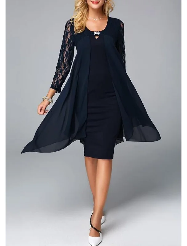 Sheath / Column Mother of the Bride Dress Plus Size Jewel Neck Knee Length Chiffon 3/4 Length Sleeve with Lace Crystals