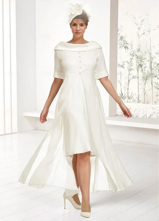 Two Piece Knee Length Chiffon Half Sleeve with Buttons Solid Color Mother of the Bride Dress Off Shoulder