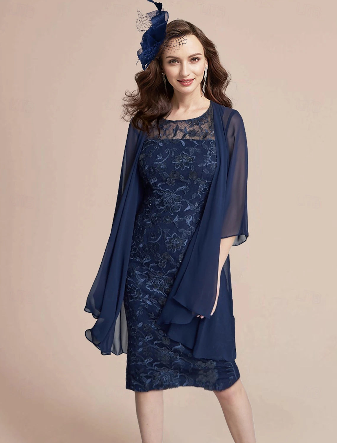 Two Piece Mother of the Bride Dress Elegant Jewel Neck Knee Length Lace Chiffon 3/4 Length Sleeve  Jacket Dresses with Lace