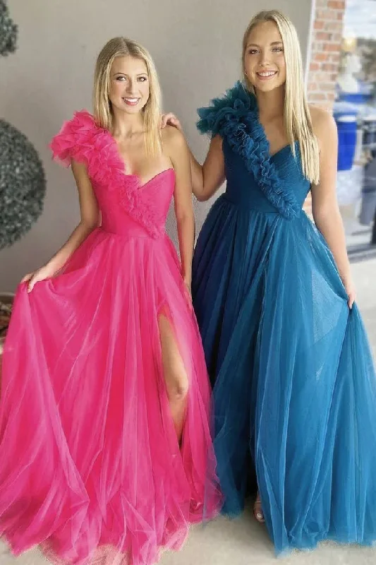 A Line Pink One Shoulder Tulle Prom Gown with Slit, New Arrival Women Dress       S5082