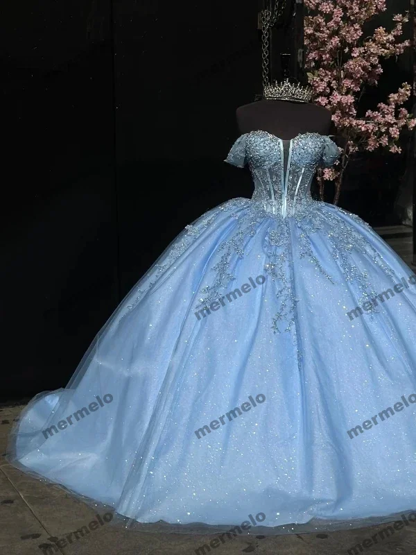 Blue Quinceanera Dresses Off-Shoulder Shiny Lace Beading Vestidos De 15 Anos Birthday Party Princess