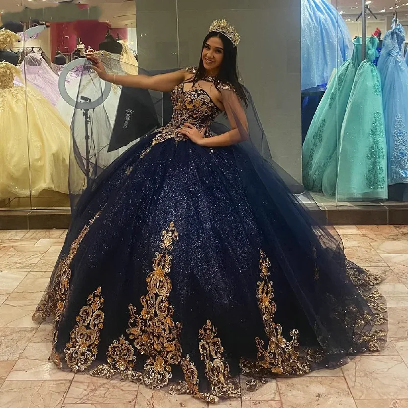 Blue Quincenara Dress 3D Flowers Applique Lace Ball Gown With Cape Corset Sweet 16 Vestidos De XV Años