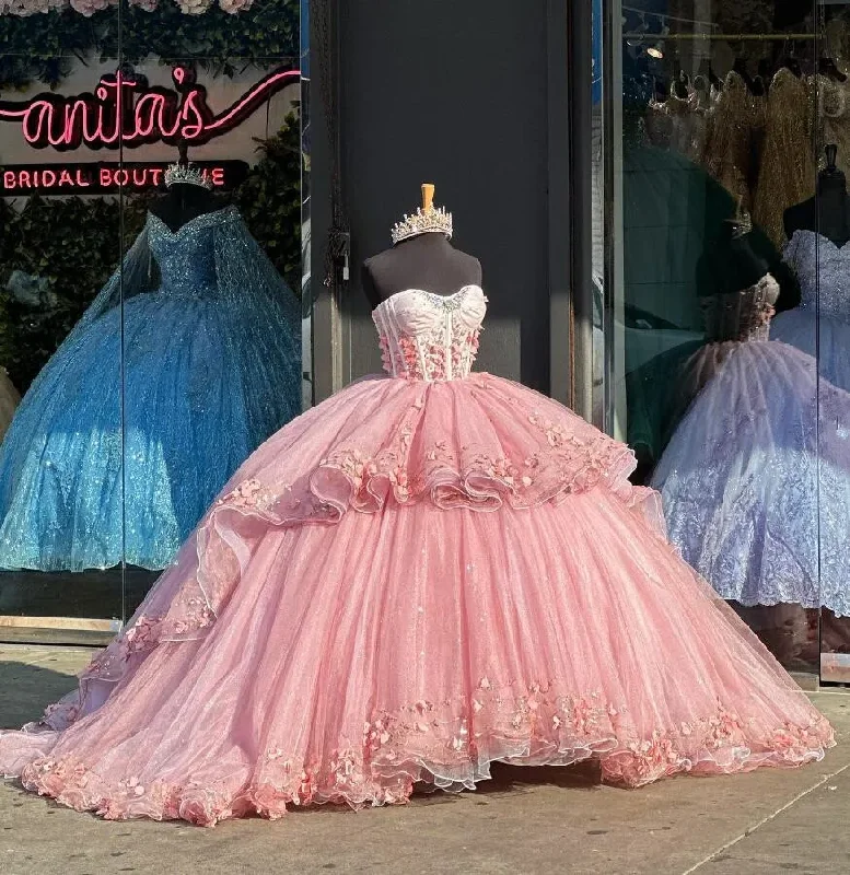 Blush Pink Princess Quinceanera Dresses 3D Floral Butterfly Boning Corset vestido de quinceañera 2024 Sweet 15 Prom Gown